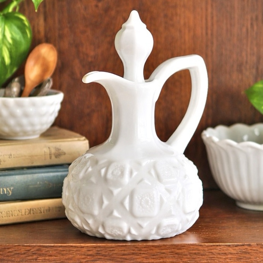 Vintage Westmoreland Milk Glass Old Quilt Cruet and Stopper Mid Century Kitchen